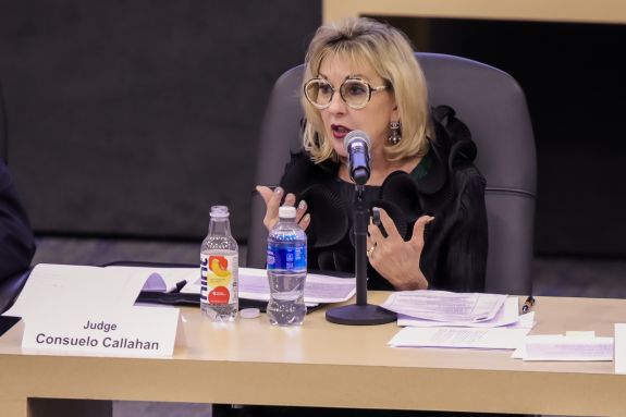 A judge speaks to an audience 